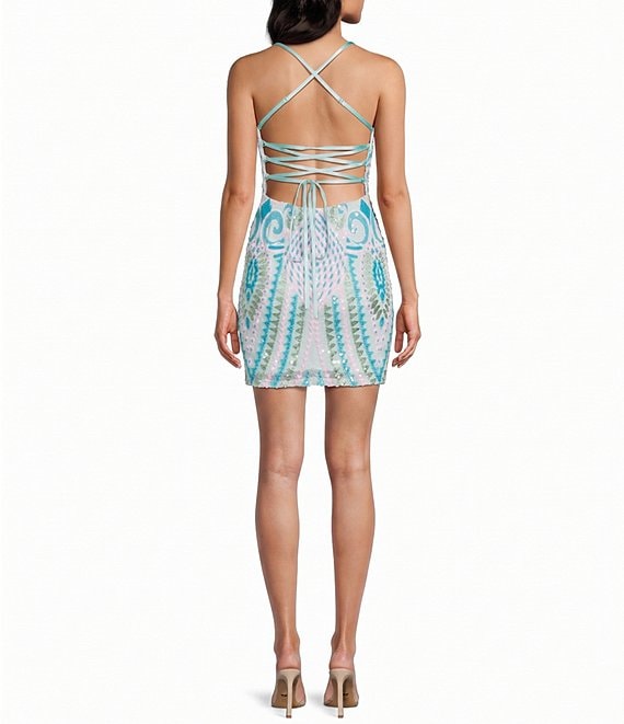 Dear Moon Patterned Sequin Bodycon Lace Up Back Dress