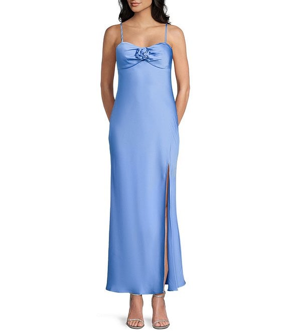 Dear Moon Satin Sweetheart Neck Rosette Long Dress, Periwinkle - Image 1
