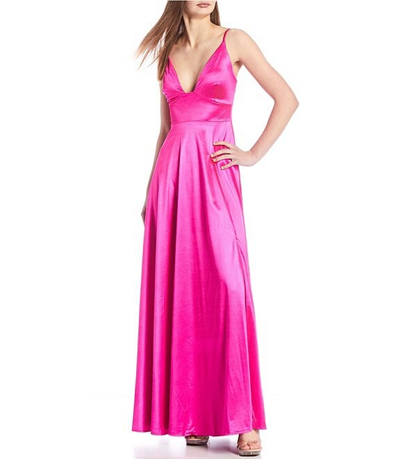 Color:Hot Pink - Image 1 - Spaghetti Strap Plunging V-Neck Glam Satin Side Slit Sleeveless Ball Gown