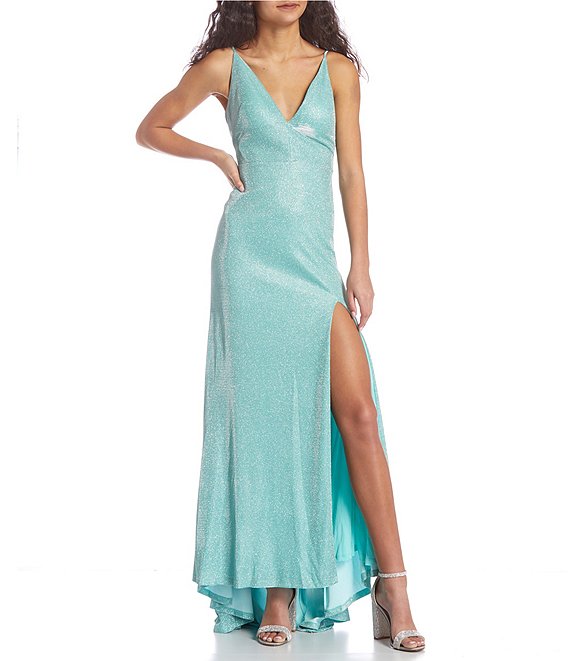Color:Seafoam - Image 1 - Spaghetti Strap V-Neck Glitter Sherri Shine Slit Hem Long Dress