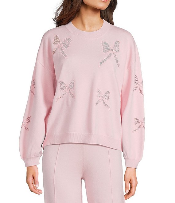 Dee Elly All Over Bows Long Sleeve Sweater, Pink - Image 1