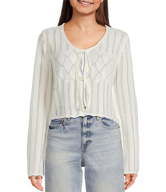 Dee Elly Knit Tie Front Long Sleeve Cardigan, Ivory - Image 1