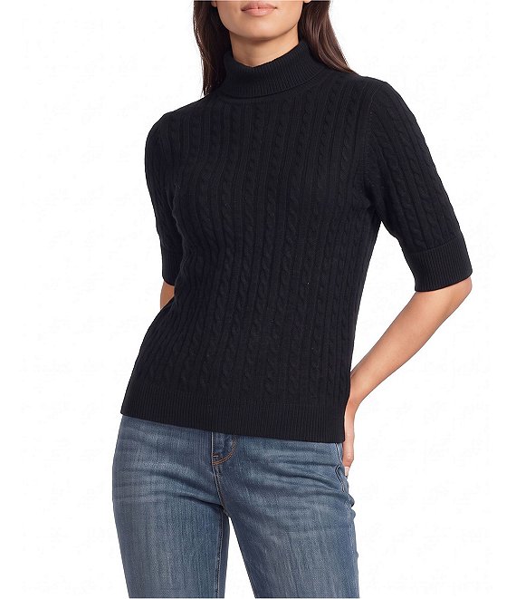 Democracy Cable Stitch Knit Ribbed Turtleneck Elbow Sleeve Sweater
