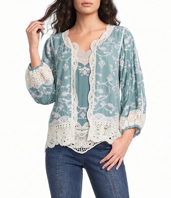 Democracy Embroidered 3/4 Blouson Sleeve Open-Front Crochet Jacket