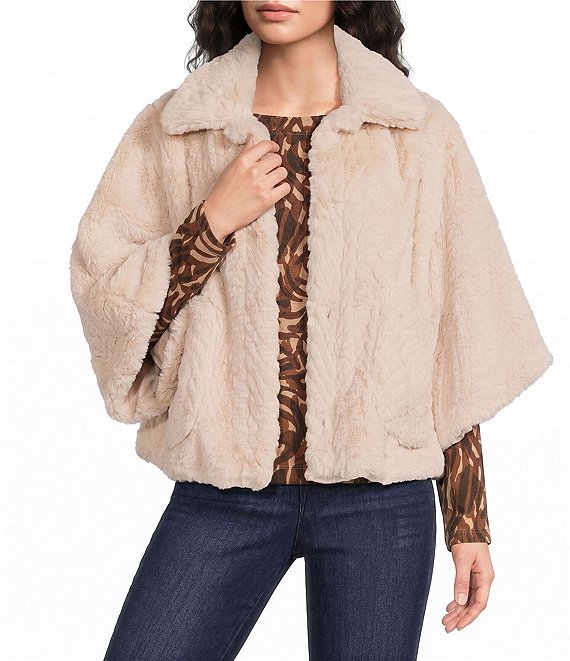 Democracy Faux Fur Wide Collar Elbow Length Caplet Jacket
