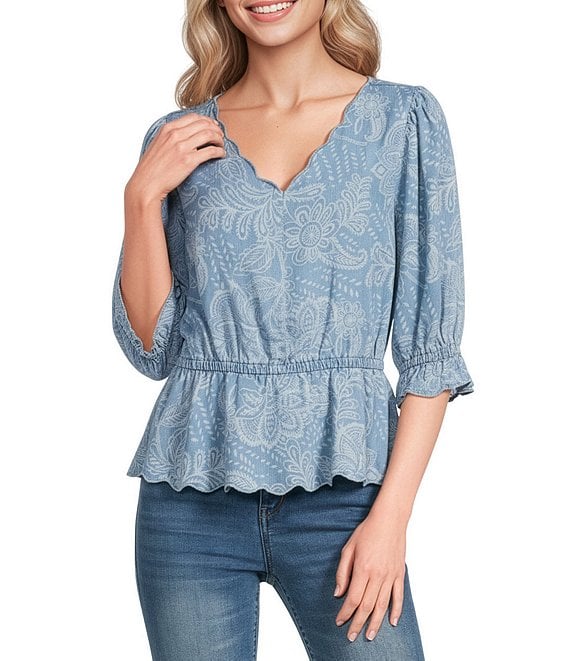Democracy Floral Paisley V-Neck Elbow Sleeve Peplum Top