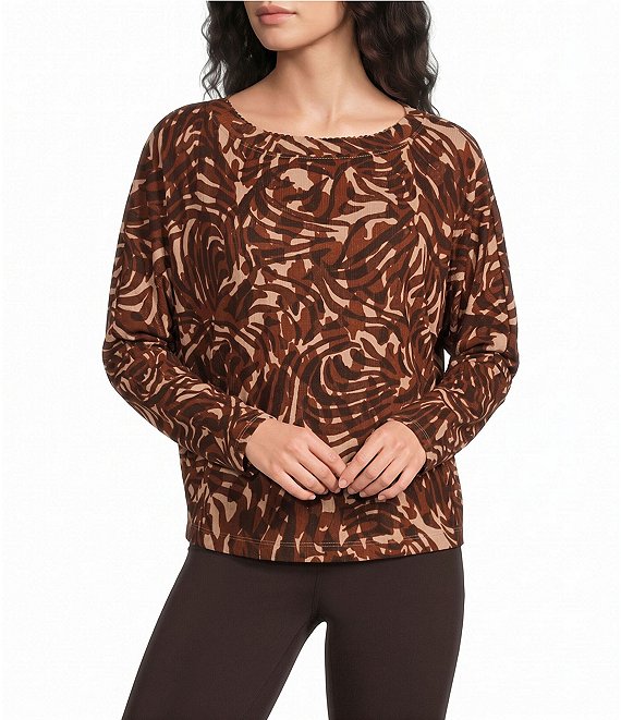 Democracy Knit Multi Print Boat Neck Bat Wing Long Sleeve Top
