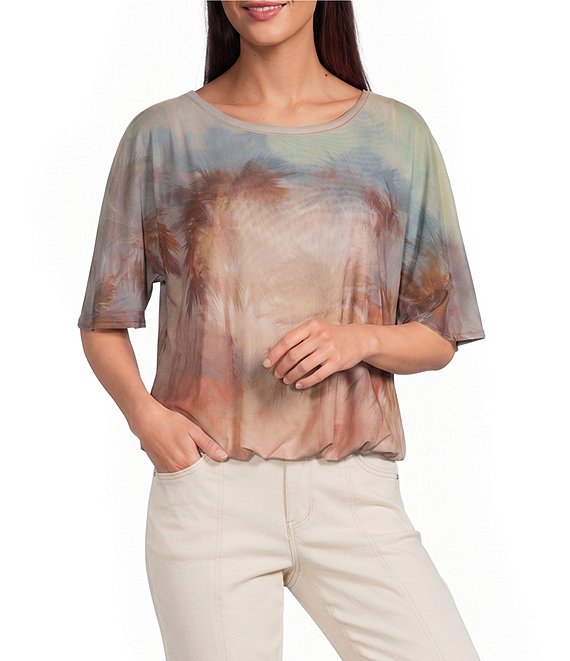 Democracy Knit Palm Tree Scoop Neck Short Flutter Sleeve Bubble Hem Top