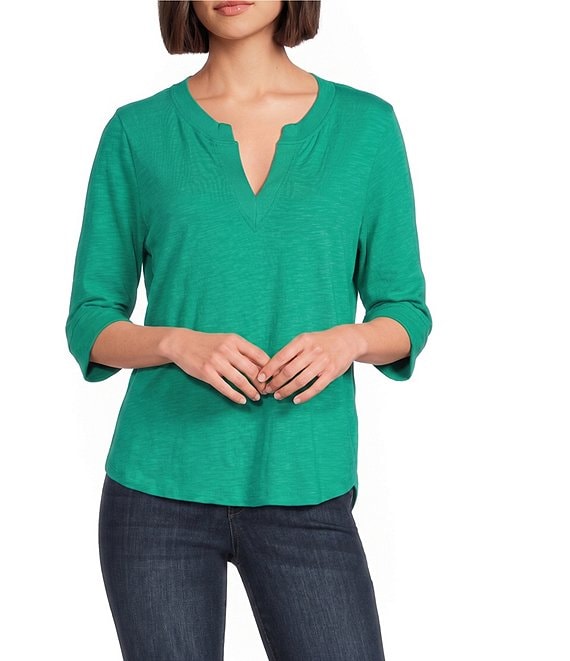 Democracy Knit Split V-Neck Elbow Sleeve Top