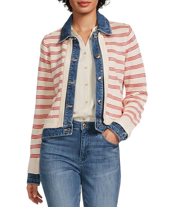 Democracy Mixed-Media Stripe Point Collar Long Sleeve Contrast Trim Button Front Jacket