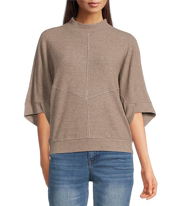 Democracy Mock Neck 3/4 Dolman Sleeve Banded Hem Knit Top, Heather Brown - Image 1