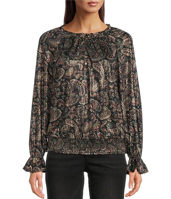 Democracy Paisley Knit Ruffle Trim High Crew Neck Long Flounce Sleeve ...