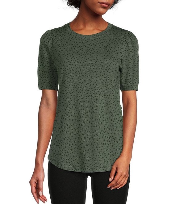 Color:Dark Forest - Image 1 - Petite Size Dotted Jewel Neck Elbow Puffed Short Sleeve Knit Top