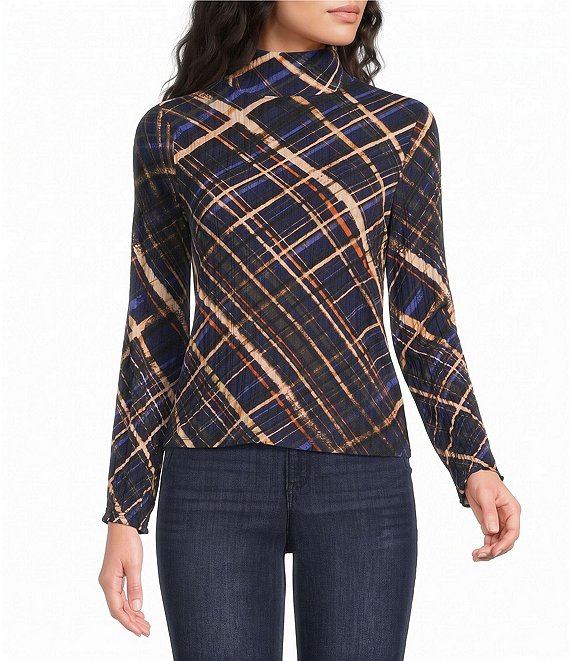 Democracy Petite Size Knit Plaid Turtle Neck Long Sleeve Top