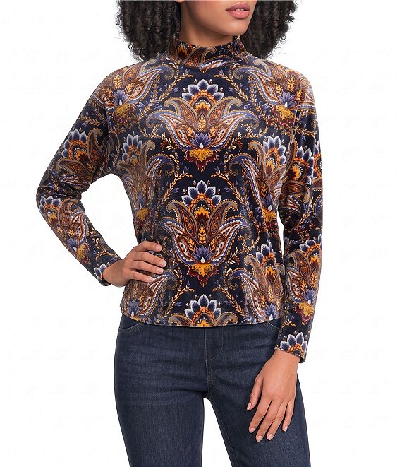Democracy Petite Size Knit Printed Mock Neck Long Batwing Sleeve Top