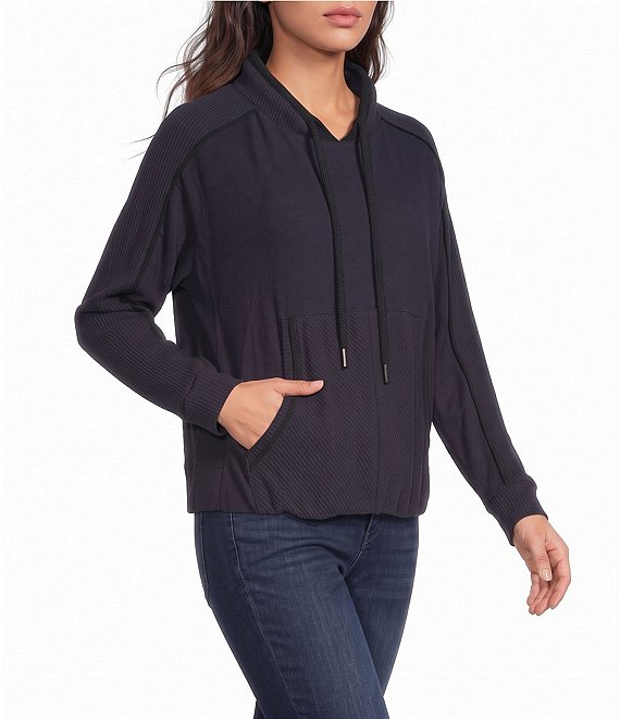 Democracy Petite Size Mixed Media Mock Neck Tie Front Long Sleeve Bubble Hem Top