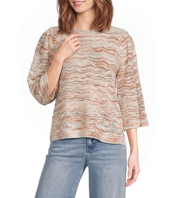 Democracy Petite Size Pointelle Space Dye Crew Neck 3/4 Bell Sleeve Sweater