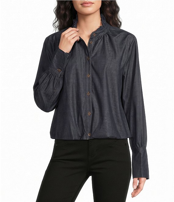 Democracy Petite Size Ruffle Collar Long Sleeve French Cuff Bubble Hem Button Front Shirt