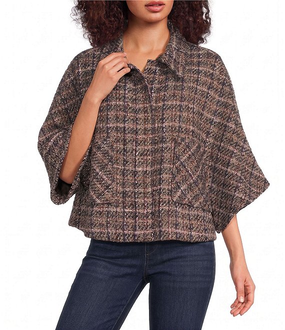 Democracy Petite Size Wool Blend Plaid Wide Collar Elbow Length Caplet Jacket