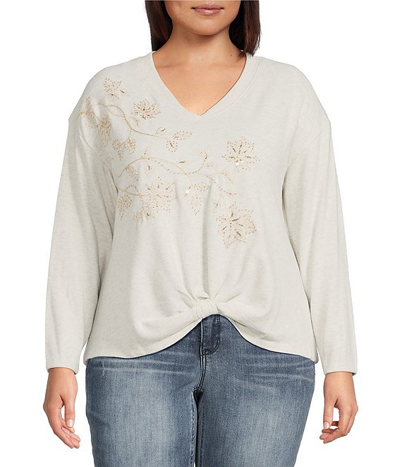 Democracy Plus Size Beaded Floral Embroidered V-Neck Long Sleeve Top