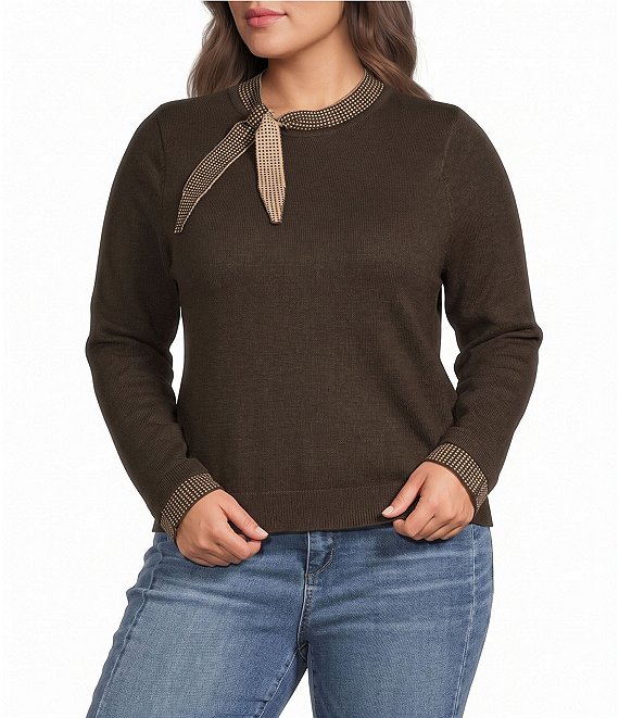 Democracy Plus Size Contrast Self Tie Neck Long Sleeve Sweater