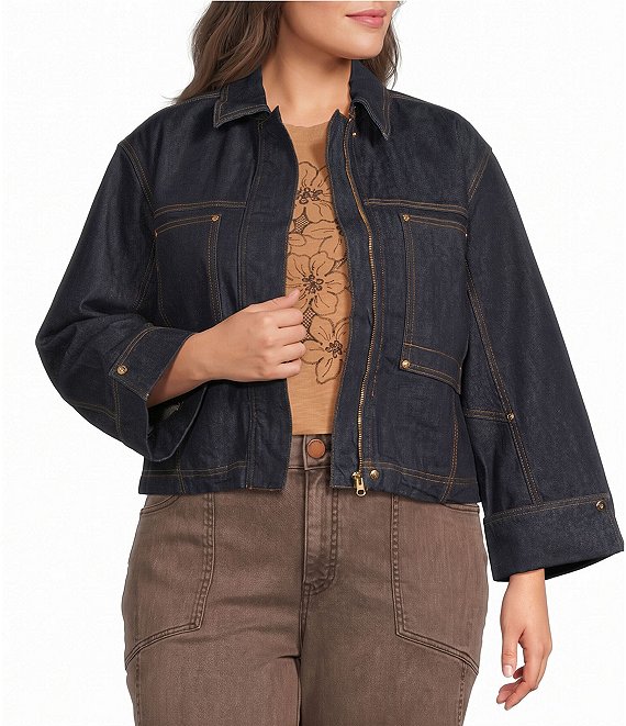 Democracy Plus Size Denim Point Collar 3/4 Cuffed Sleeve Oversized Pocket Bomber Jacket