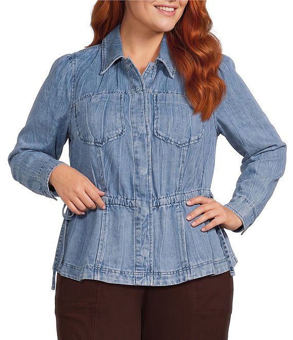 Democracy Plus Size Denim Point Collar Long Sleeve Snap Front Peplum Jacket