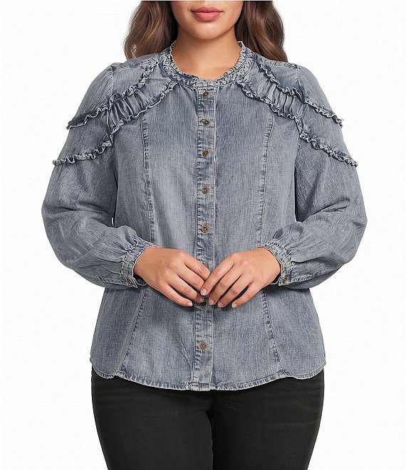 Democracy Plus Size Denim Stand Collar Long Blouson Sleeve Ruffle Detail Button Front Shirt