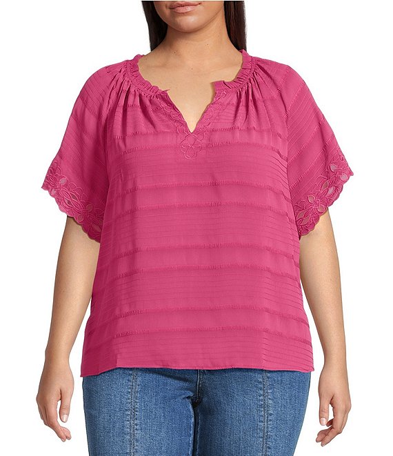 Democracy Plus Size Embroidered Ruffle Split V-Neck Short Sleeve Top