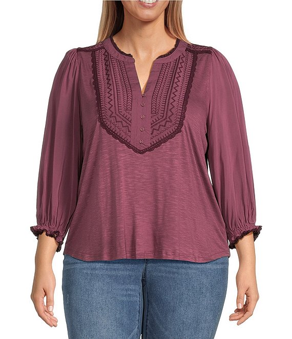Lucky Brand Women's Plus Size BIB Embroidered Peasant TOP
