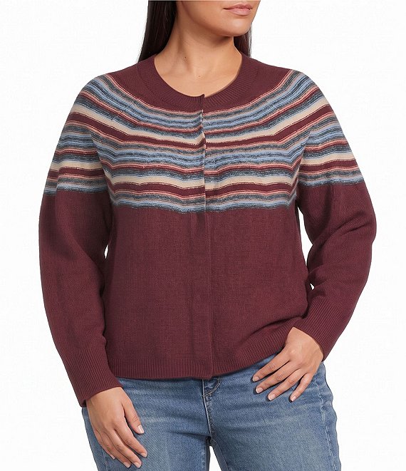 Democracy Plus Size Jacquard Abstract Placement Stripe Round Neck Long Sleeve Snap-Front Sweater Cardigan
