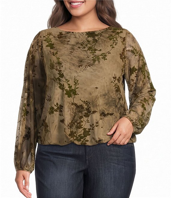 Democracy Plus Size Knit Floral Boat Neck Long Blouson Sleeve Bubble Hem Top