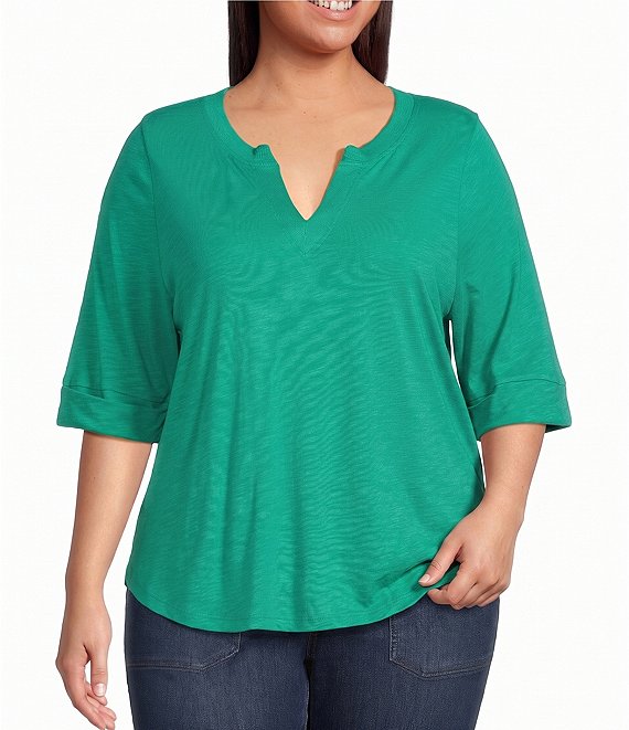 Democracy Plus Size Knit Split V-Neck Elbow Sleeve Top