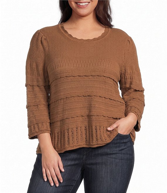 Democracy Plus Size Mixed Stitch Round Neck 3/4 Bell Sleeve Sweater