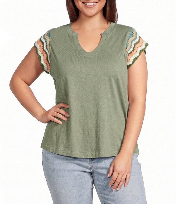 Democracy Plus Size Notch Collar Crochet Cap Sleeve Shirttail Hem Knit Top