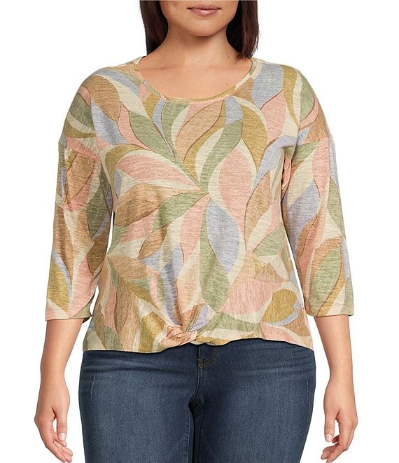 Democracy Plus Size Palm Print Crew Neck 3/4 Sleeve Twist Front Hem Knit  Top