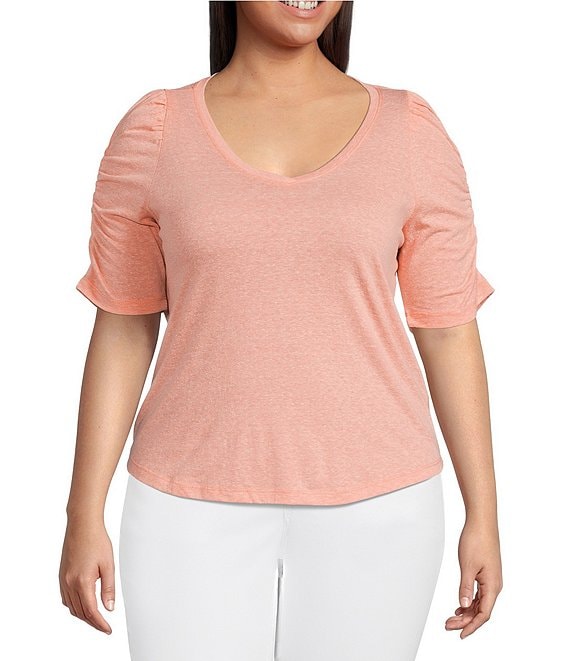 Democracy Plus Size Short Elbow Ruched Elbow Puff Sleeve V Neck Top