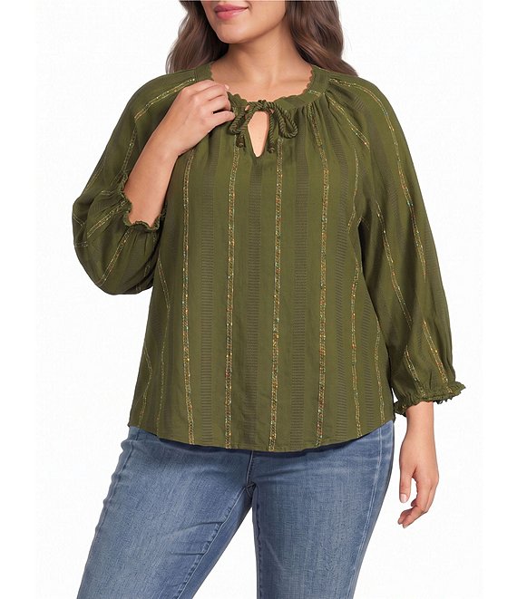 Democracy Plus Size Stripe Split V-Neck 3/4 Blouson Sleeve Top