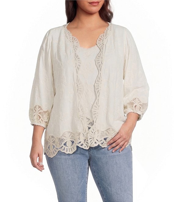 Democracy Plus Size Woven 3/4 Blouson Sleeve Crochet Framing Open-Front Crop Jacket