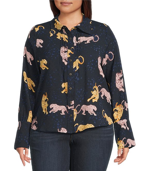 Democracy Plus Size Woven Animal Print Point Collar Long Sleeve Button Front Shirt, Navy Multi - Image 1