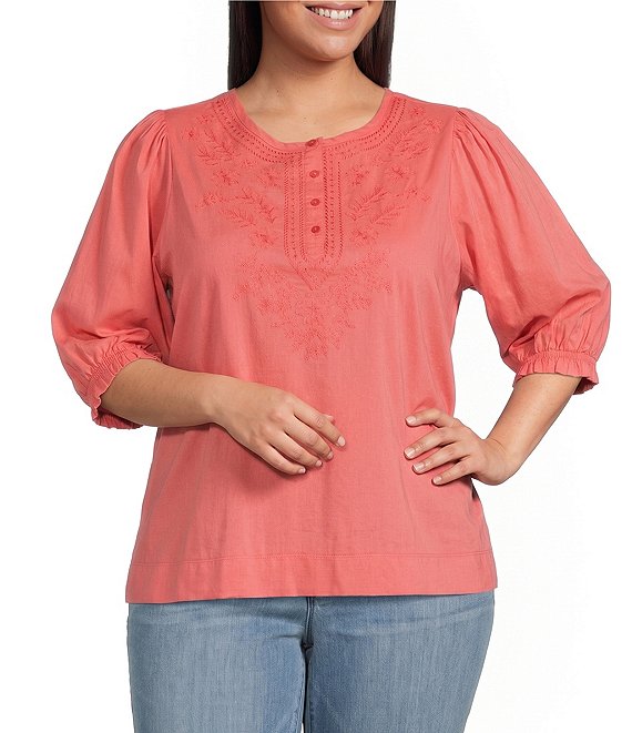 Democracy Plus Size Woven Embroidered Yoke Henley Collar Below Elbow Length Sleeve Top