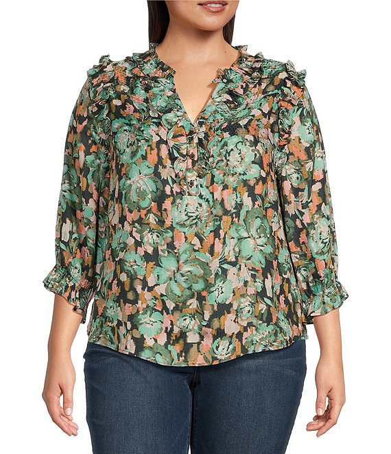 Democracy Plus Size Woven Floral Print V Neck 3 4 Ruffle Edge Sleeve Top Dillard s