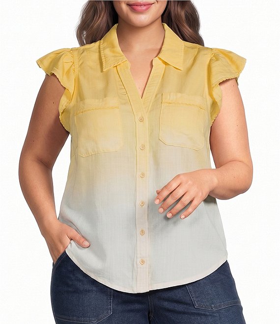 Democracy Plus Size Woven Ombre Collared Cap Flutter Sleeve Button-Front Shirt