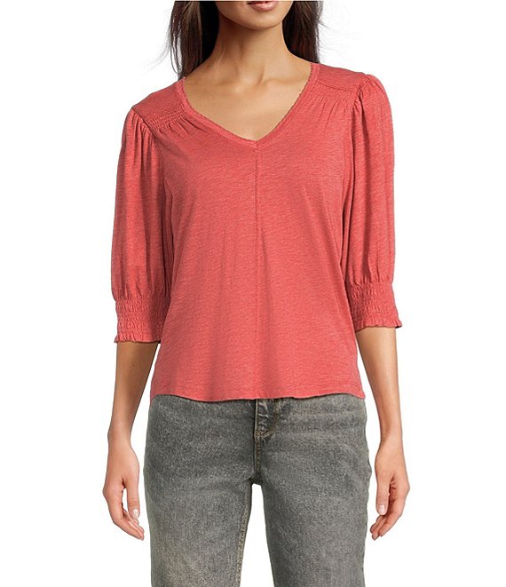 Democracy Solid Relaxed Knit V-Neck Elbow Sleeve Top