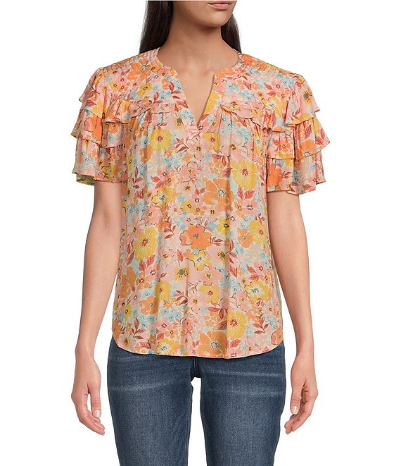 Democracy Woven Floral Split V Neck Short Flutter Sleeve Shirt Dillards