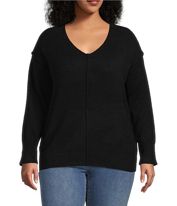 Color:Black - Image 1 - Plus Size Exposed Seams Long Dropped Shoulder Sleeve Sweater Knit Top