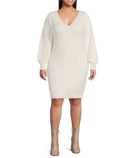 Color:Cream - Image 1 - Plus Size V-Neck Long Bishop Sleeve Sweater Dress