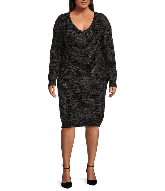 Color:Black/Pearl Melange - Image 1 - Plus Size V-Neck Long Sleeve Sweater Dress