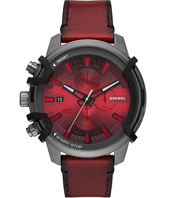 Color:Red - Image 1 - Men's Griffed Chronograph Red Leather Strap Watch