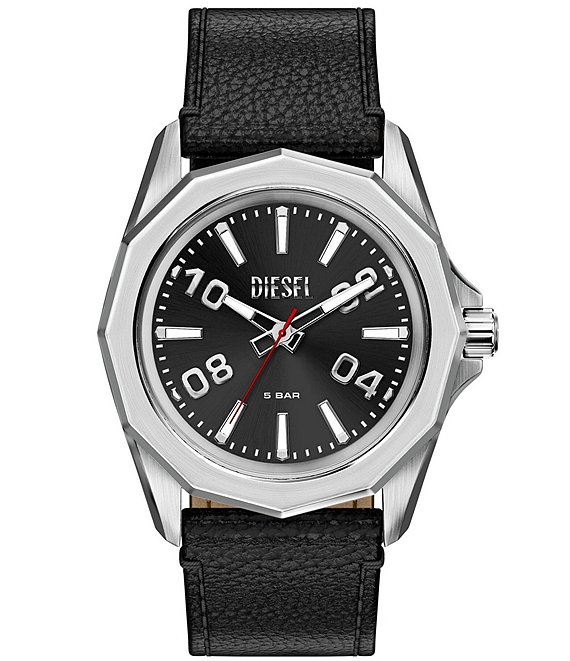 Diesel Men's Stinger Three-Hand Black Leather Strap Watch